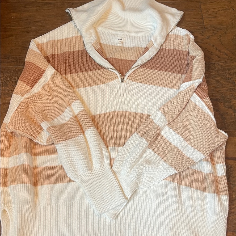 Aerie Beyond Quarter Zip Sweater Toasty Combo Tan Brown Stripe - Picture 3 of 3